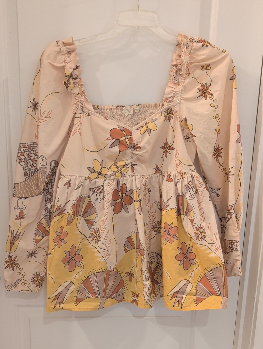 Let Me Be By Anthropologie Baby Doll Peasant Floral And Bird Print Blouse